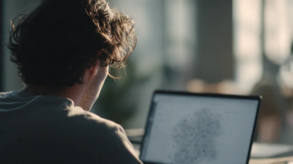 En person som genomför ett digitalt kompetenstest på en dator i en modern och lugn kontorsmiljö.