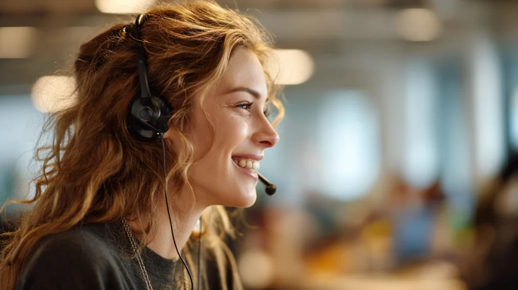 En kundservicemedarbetare med headset som ler under ett samtal i ett ljust och öppet kontorslandskap.