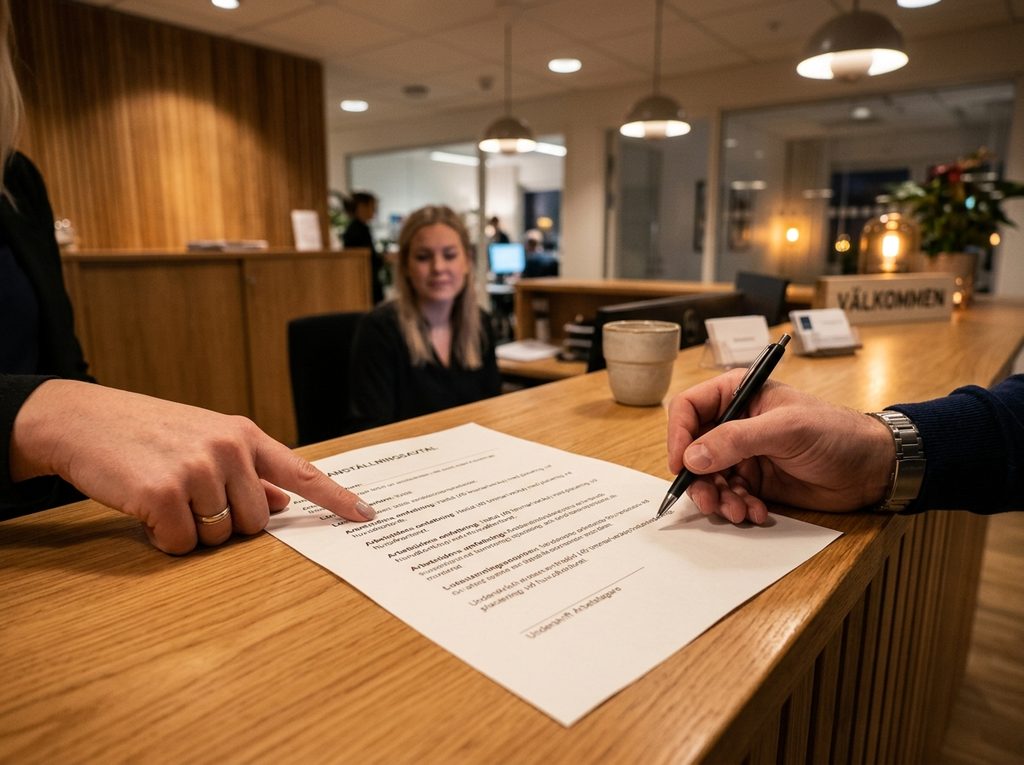 Hand pekar på raden om anställningsform i ett anställningsavtal på en receptionsdisk