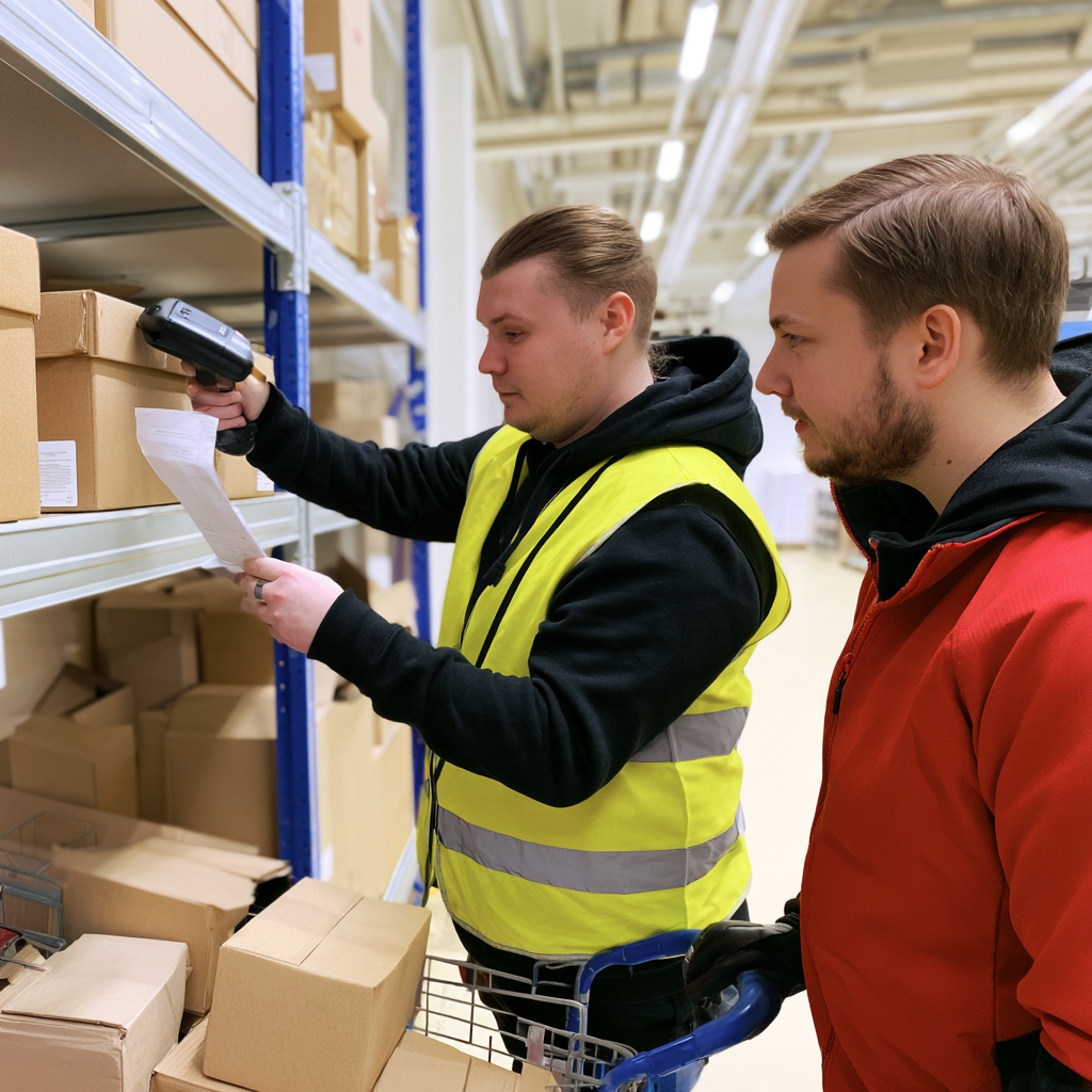 Kandidat plockar order med handskanner och plocklista medan en handledare står bredvid
