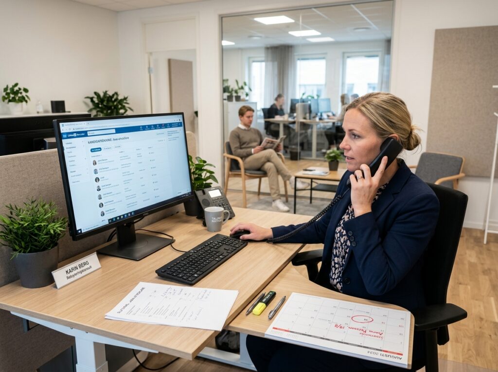 Konsultchef vid skrivbord söker i kandidatdatabas på skärm medan en kandidat väntar på telefonsamtal i ljus kontorsmiljö