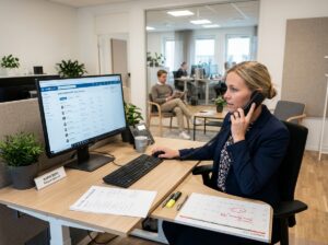 Konsultchef vid skrivbord söker i kandidatdatabas på skärm medan en kandidat väntar på telefonsamtal i ljus kontorsmiljö