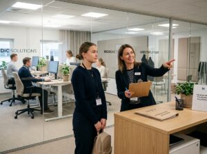 Ny bemanningsanställd med besöksbricka tar emot instruktioner av en arbetsledare i en kontorsreception, medan kollegor arbetar i bakgrunden.