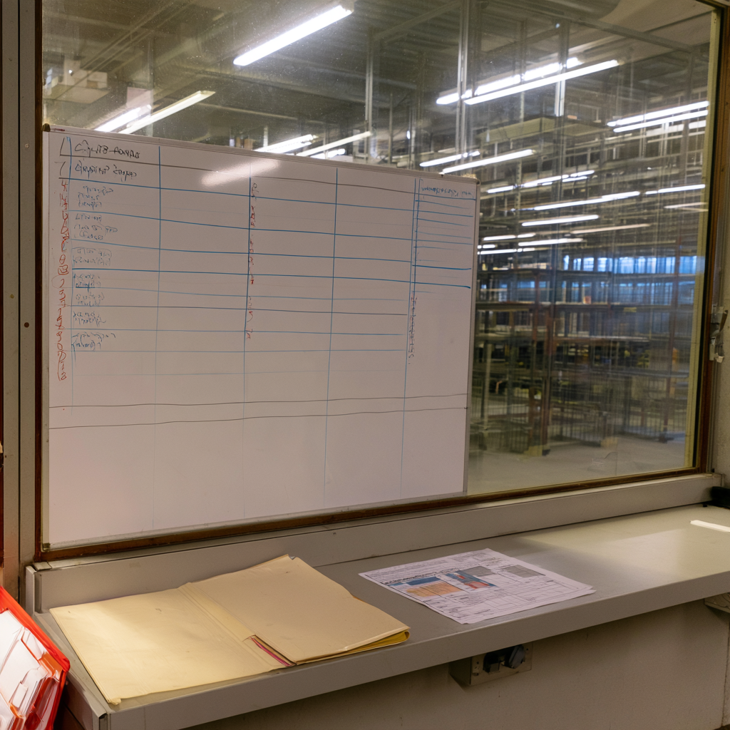 Whiteboard med skiftschema och numrerad lista över rekryteringssteg i ett lagerkontor