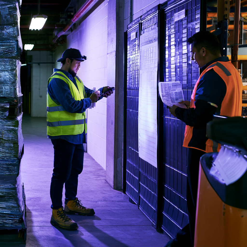 Konsult i varselväst rapporterar timmar i handterminal vid skiftstart på lager