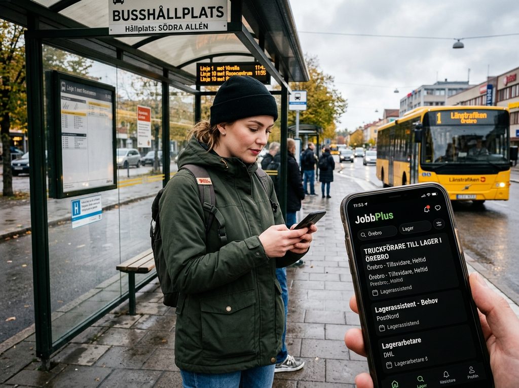 Mobilskärm med en träfflista över jobbannonser där titeln Truckförare till lager i Örebro syns