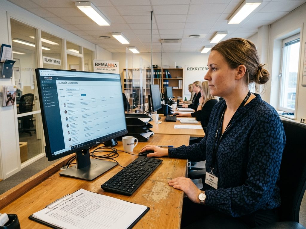 Konsultchef söker i kandidatdatabas på skärm med yrkestitel, ort och tillgänglighet