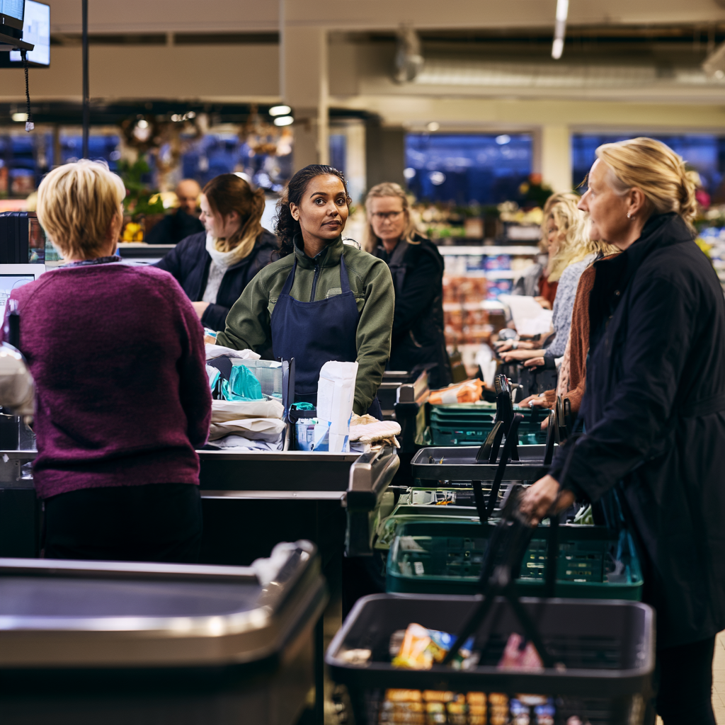 Kandidat på provskift betjänar kund i kassan medan en kollega står vid sidan