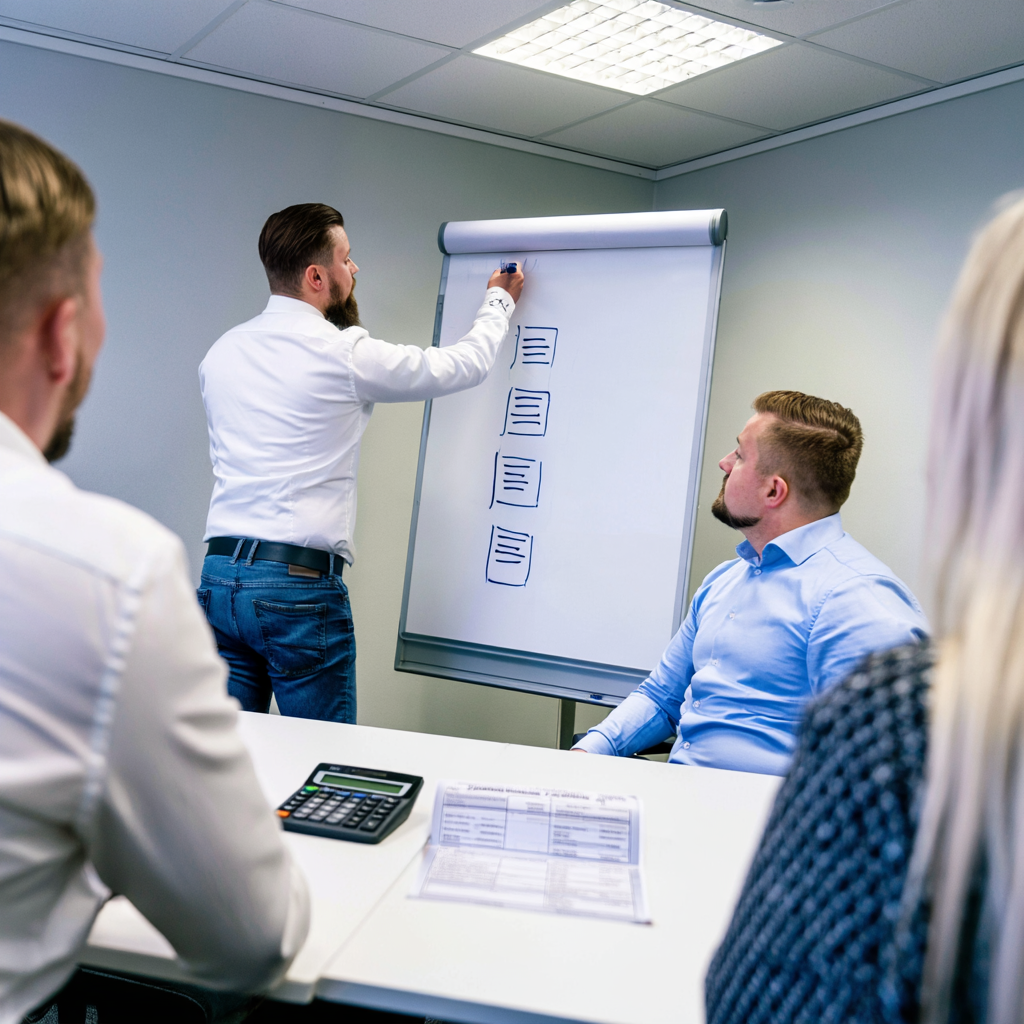 Chef listar kostnadsposter för en felrekrytering på en whiteboard i ett mötesrum