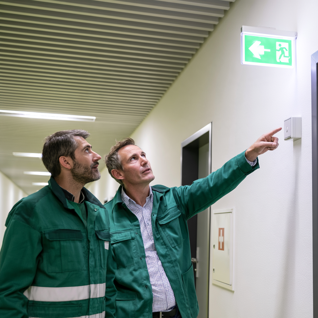 Handledare pekar på larmknapp och utrymningsskylt under säkerhetsgenomgång med ny medarbetare